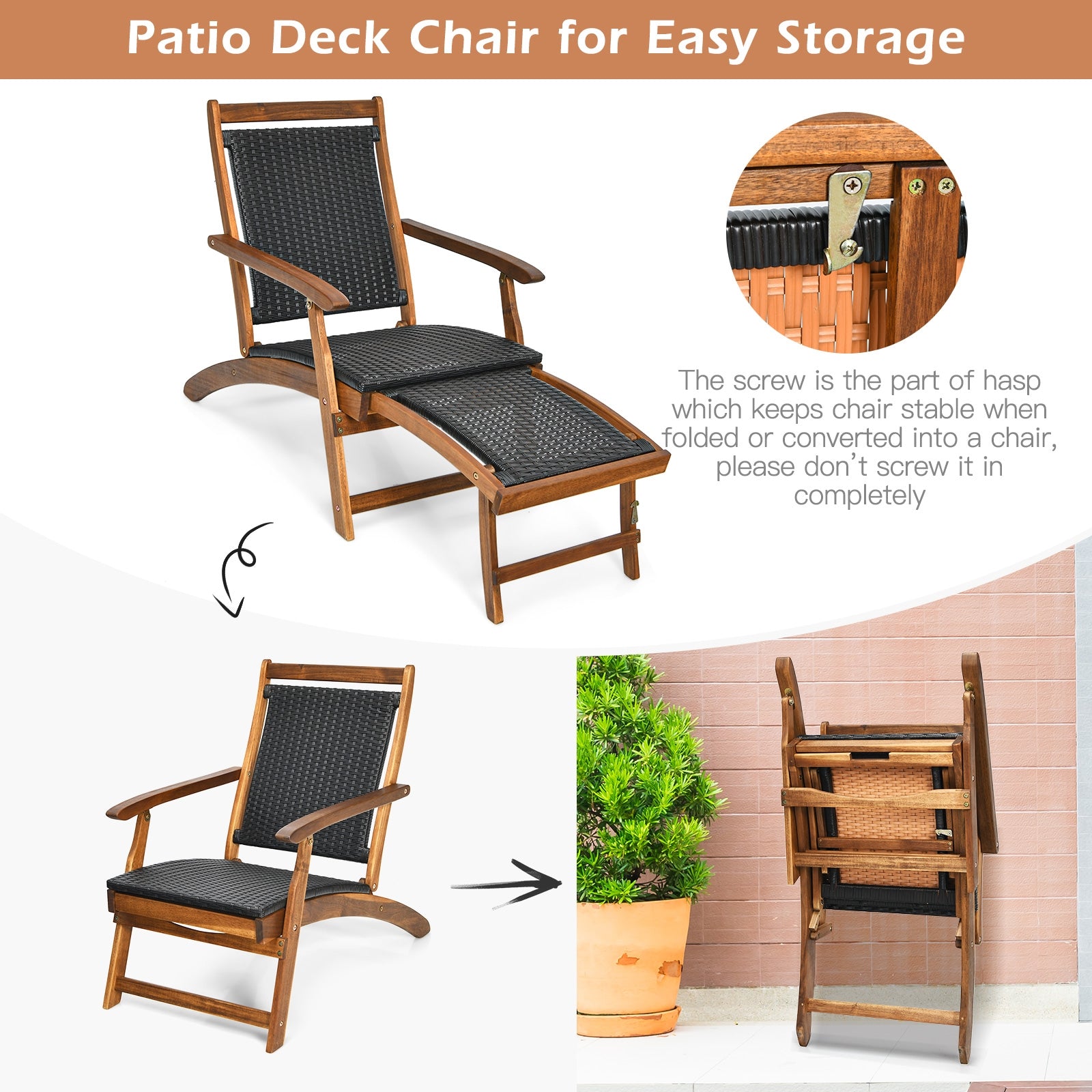 Illustration of the Patio Rattan Folding Lounge Chair with Acacia Wood Frame and Retractable Footrest by Dream Yard Oasis, demonstrating easy folding for convenient storage.