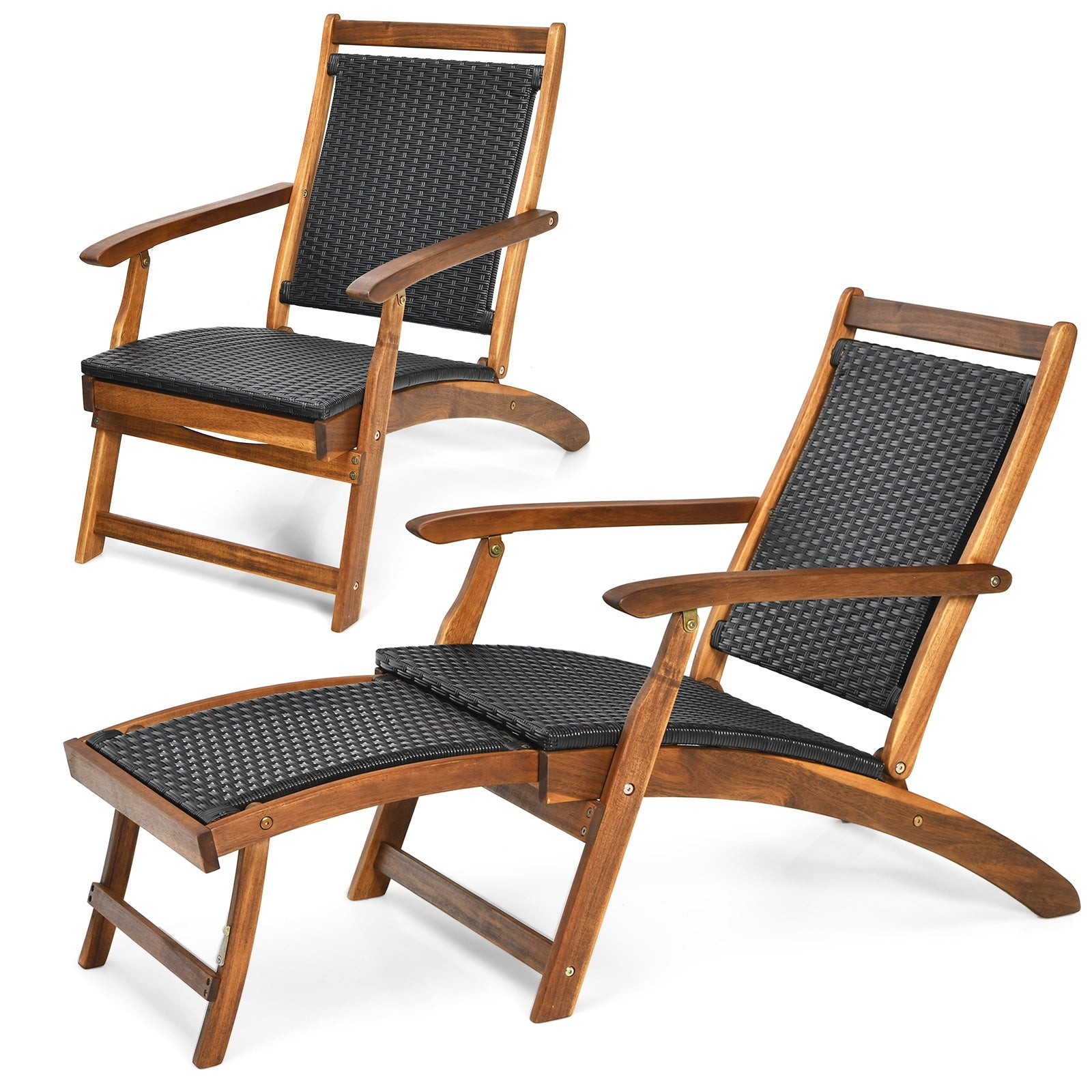 Close-up view of a Patio Rattan Folding Lounge Chair featuring Acacia Wood Frame and Retractable Footrest by Dream Yard Oasis, highlighting its versatile design and sturdy construction.