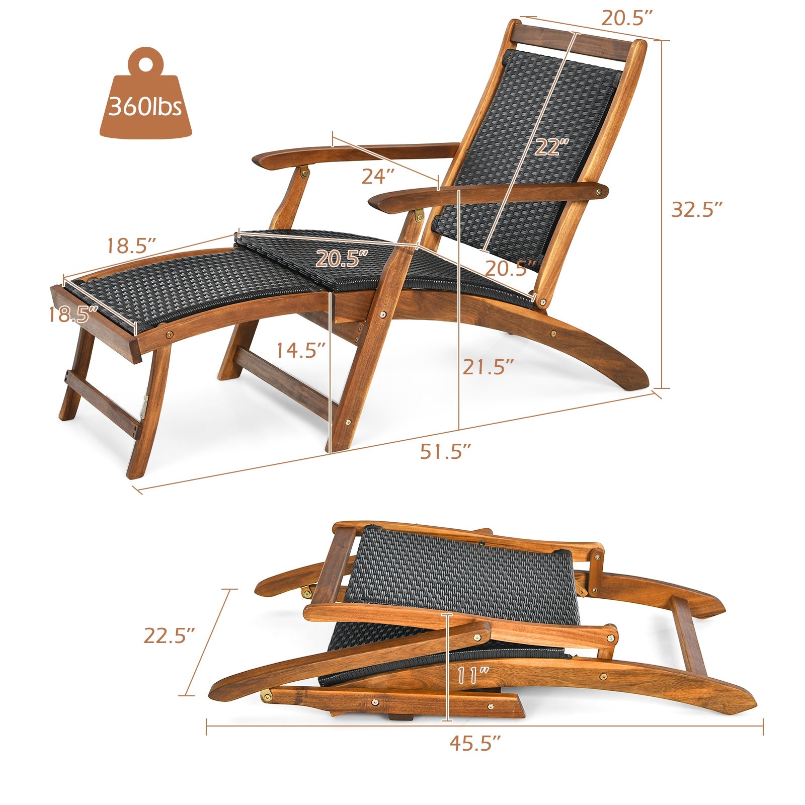 Patio Rattan Lounge Chair Dimensions by Dream Yard Oasis - Detailed image showing the chair's measurements and weight capacity of 360 lbs for secure lounging.
