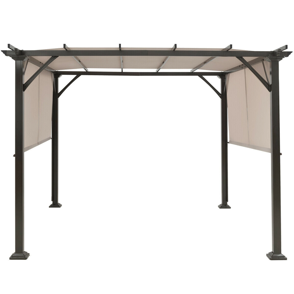10x10 Metal Frame Patio Furniture Shelter with Adjustable Canopy - Weather-Resistant Beige Gazebo showcasing the canopy and frame structure without furniture.