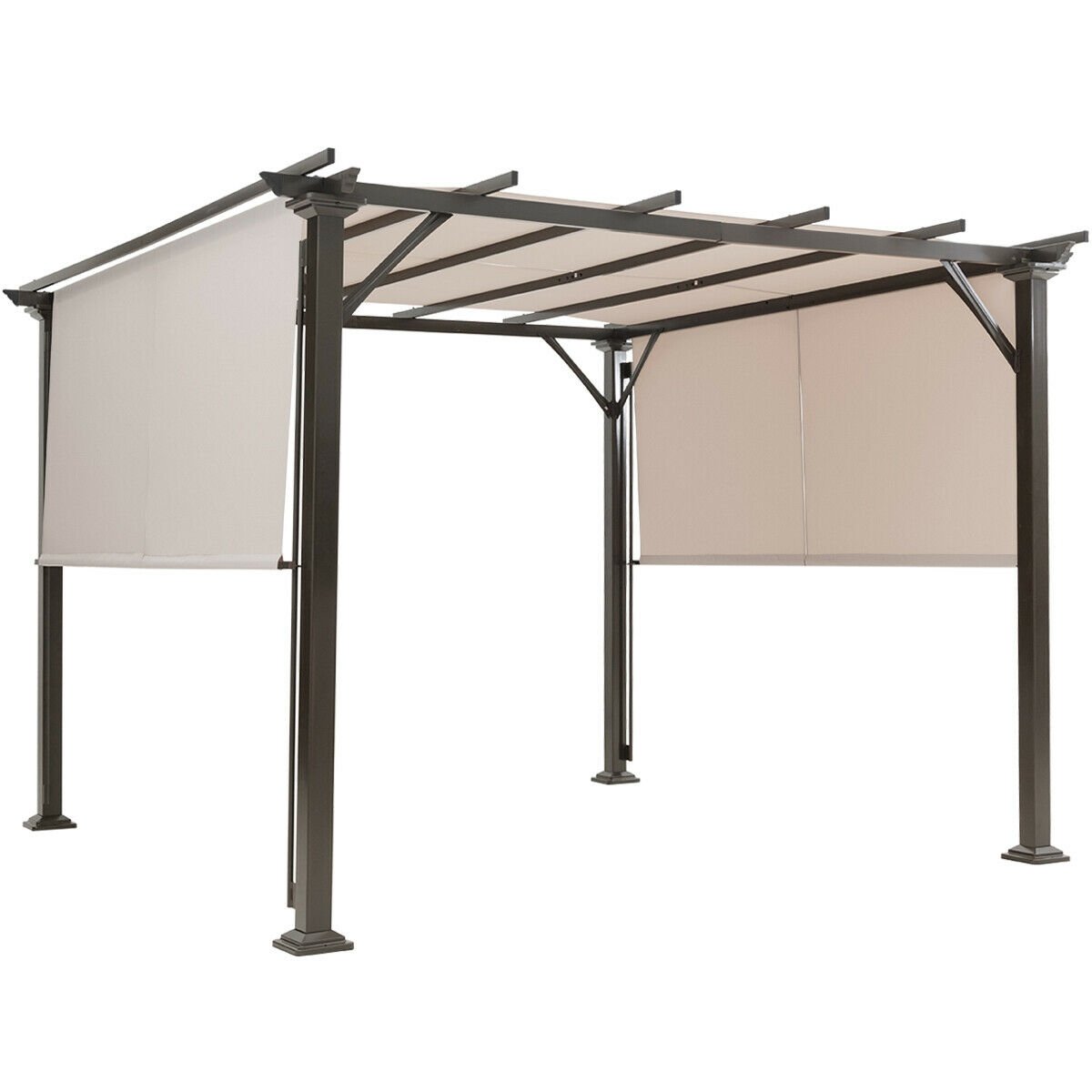 Stylish 10x10 Metal Frame Patio Furniture Shelter with Adjustable Canopy. Showcasing a durable structure and elegant beige canopy for outdoor comfort.
