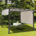 10x10 Metal Frame Patio Furniture Shelter with Adjustable Canopy - Weather-Resistant Beige Gazebo set up in a garden with a table and chairs, providing a stylish outdoor space for dining and relaxation.