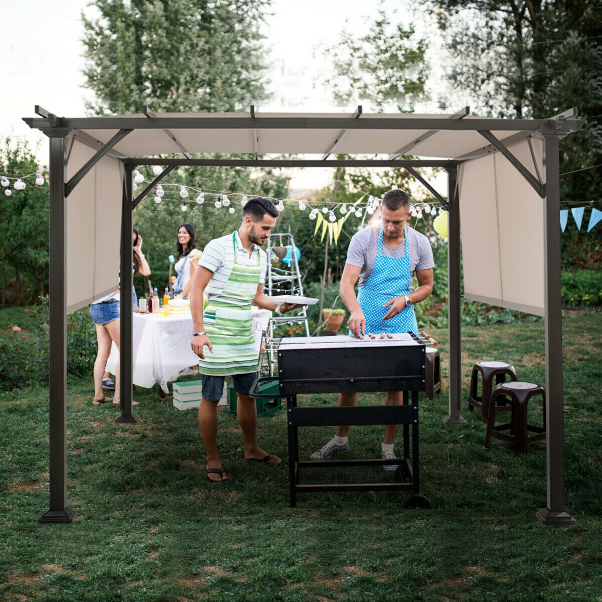 Group of friends enjoying a BBQ under the 10x10 Metal Frame Patio Furniture Shelter with Adjustable Canopy, perfect for outdoor gatherings.