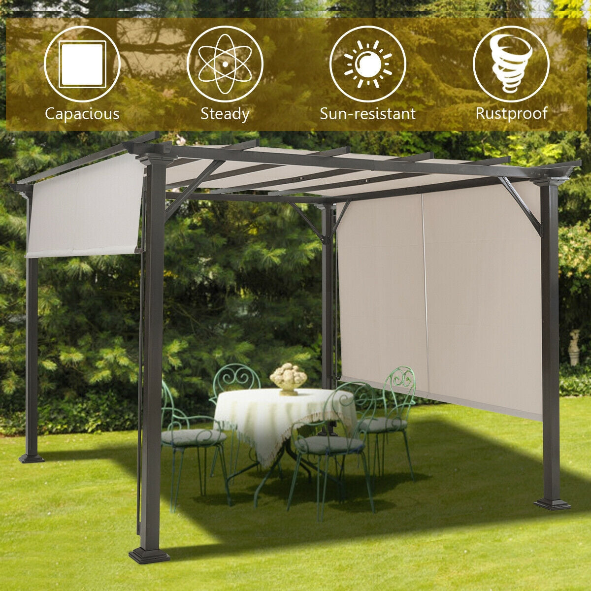 10x10 Metal Frame Patio Furniture Shelter with Adjustable Canopy. This gazebo features a spacious design with weatherproof fabric, perfect for enjoying outdoor dining.