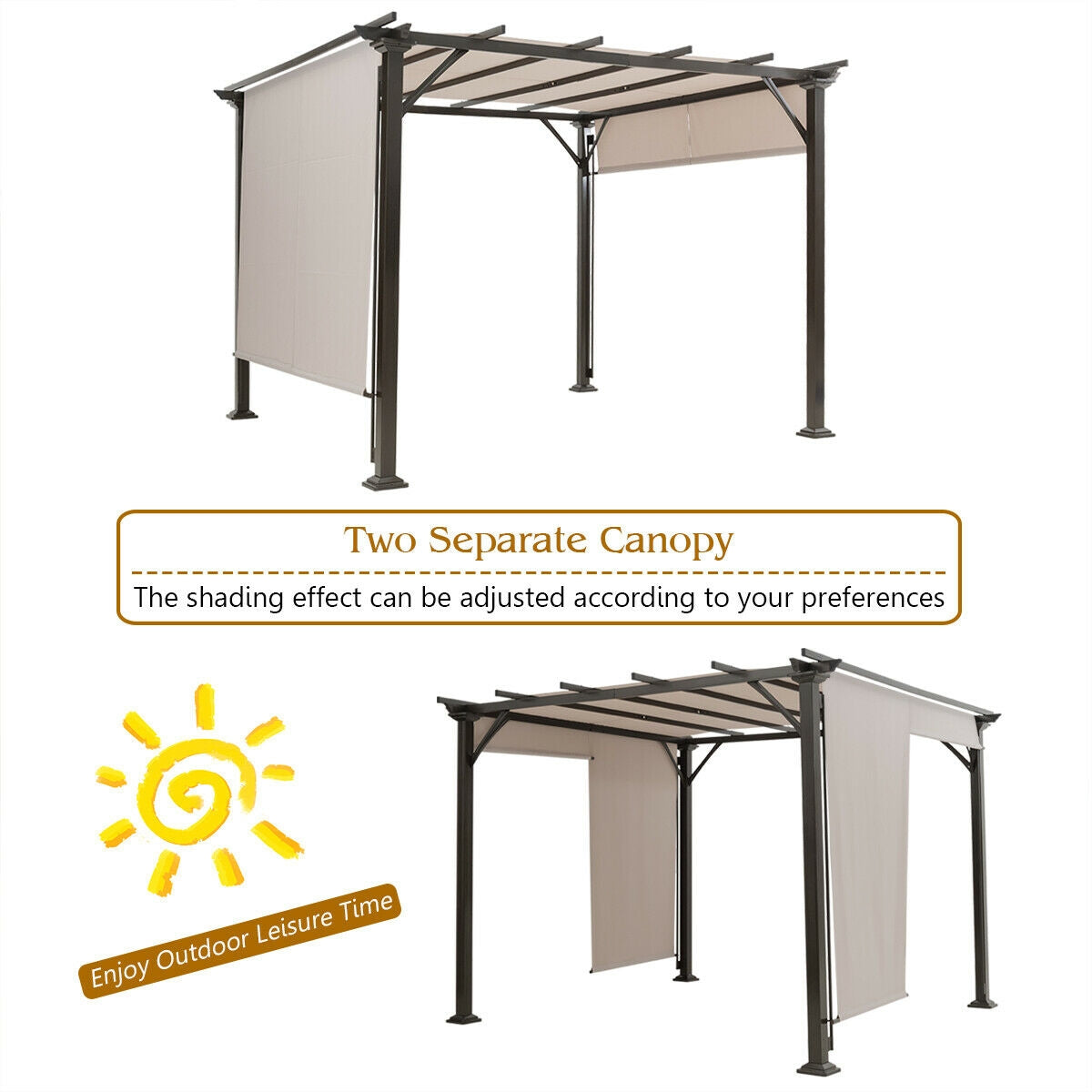 10x10 Metal Frame Patio Furniture Shelter with Adjustable Canopy featuring two separate canopies for customizable shade in outdoor spaces.