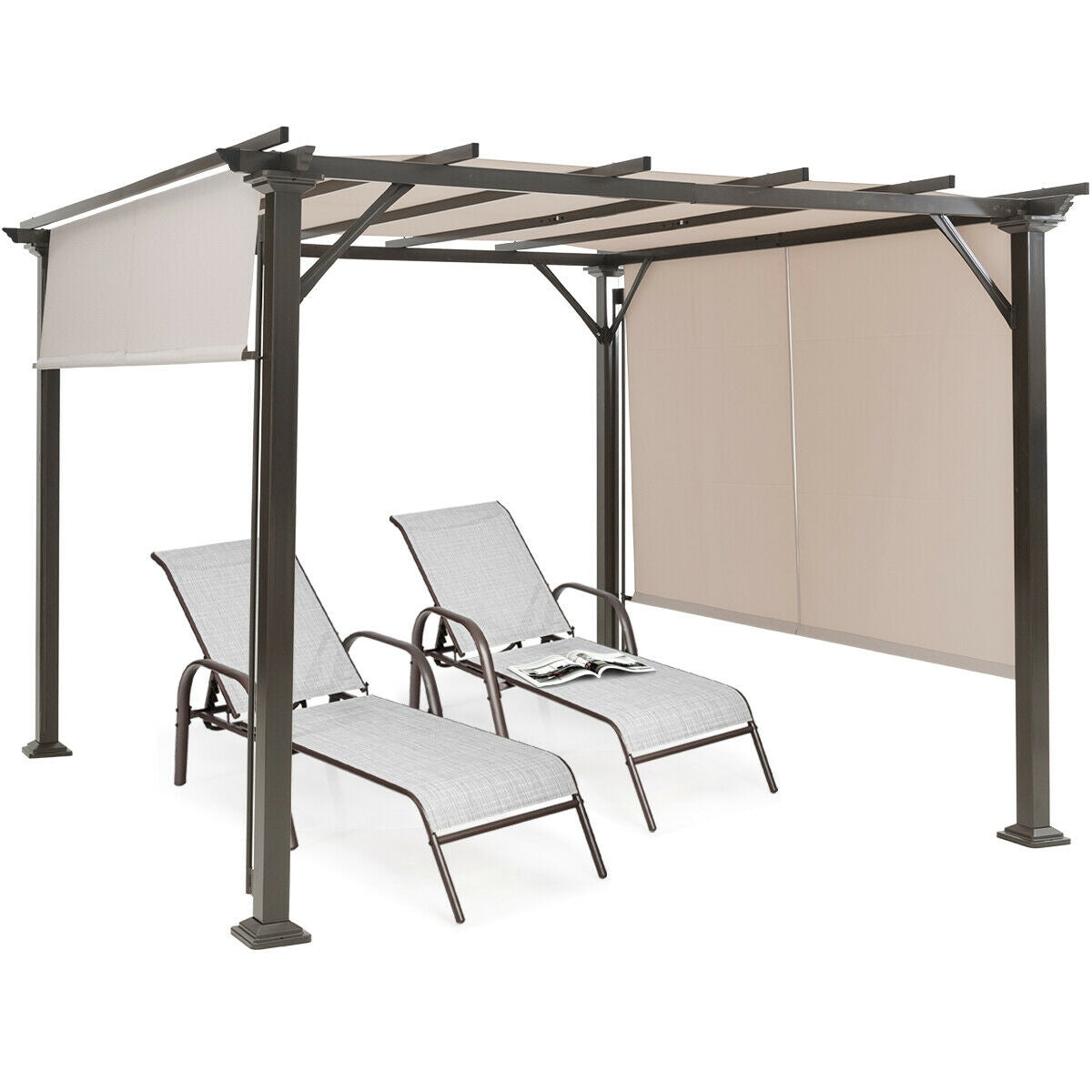 10x10 Metal Frame Patio Furniture Shelter with Adjustable Canopy - Weather-Resistant Beige Gazebo featuring lounge chairs and a side view of its structure and retractable canopy.
