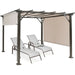 10x10 Metal Frame Patio Furniture Shelter with Adjustable Canopy - Weather-Resistant Beige Gazebo featuring lounge chairs and a side view of its structure and retractable canopy.