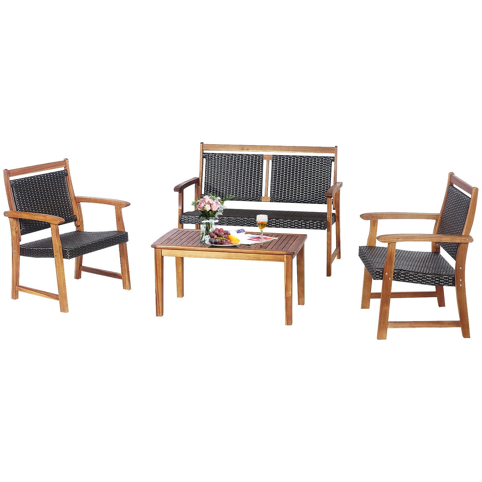 4-Piece Acacia Wood Frame Outdoor Rattan Sofa Set by Dream Yard Oasis ™, displayed in a garden setting, perfect for outdoor gatherings.