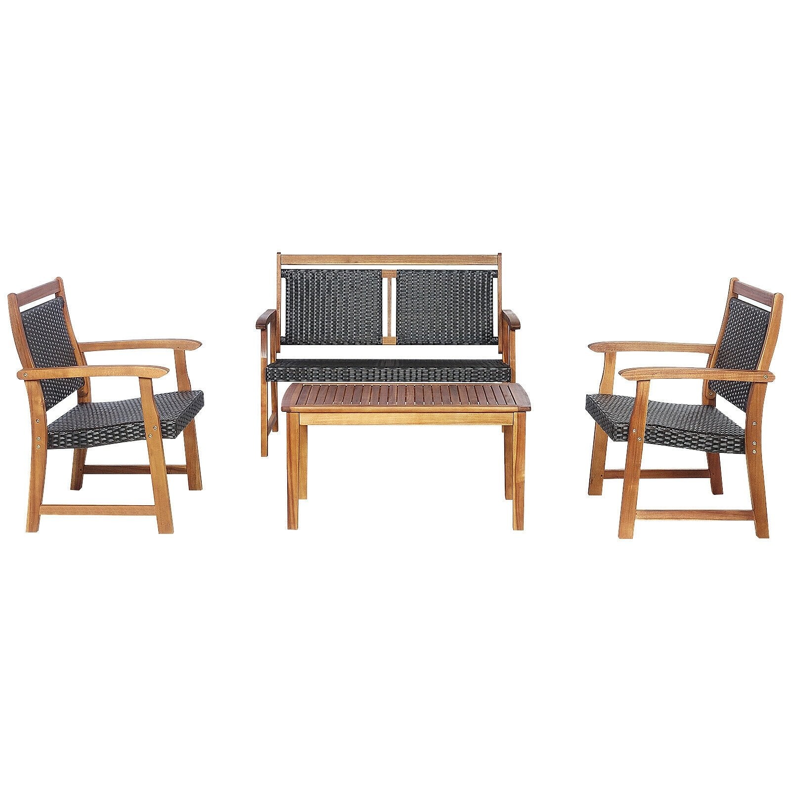Complete view of the 4-Piece Acacia Wood Frame Outdoor Rattan Sofa Set from Dream Yard Oasis ™, including two single sofas, a loveseat, and a stylish coffee table, ideal for any outdoor living area.