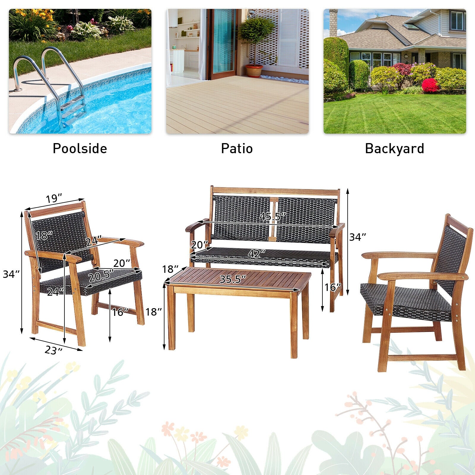 4-Piece Acacia Wood Frame Outdoor Rattan Sofa Set by Dream Yard Oasis ™, featuring comfortable seating arranged by a poolside.