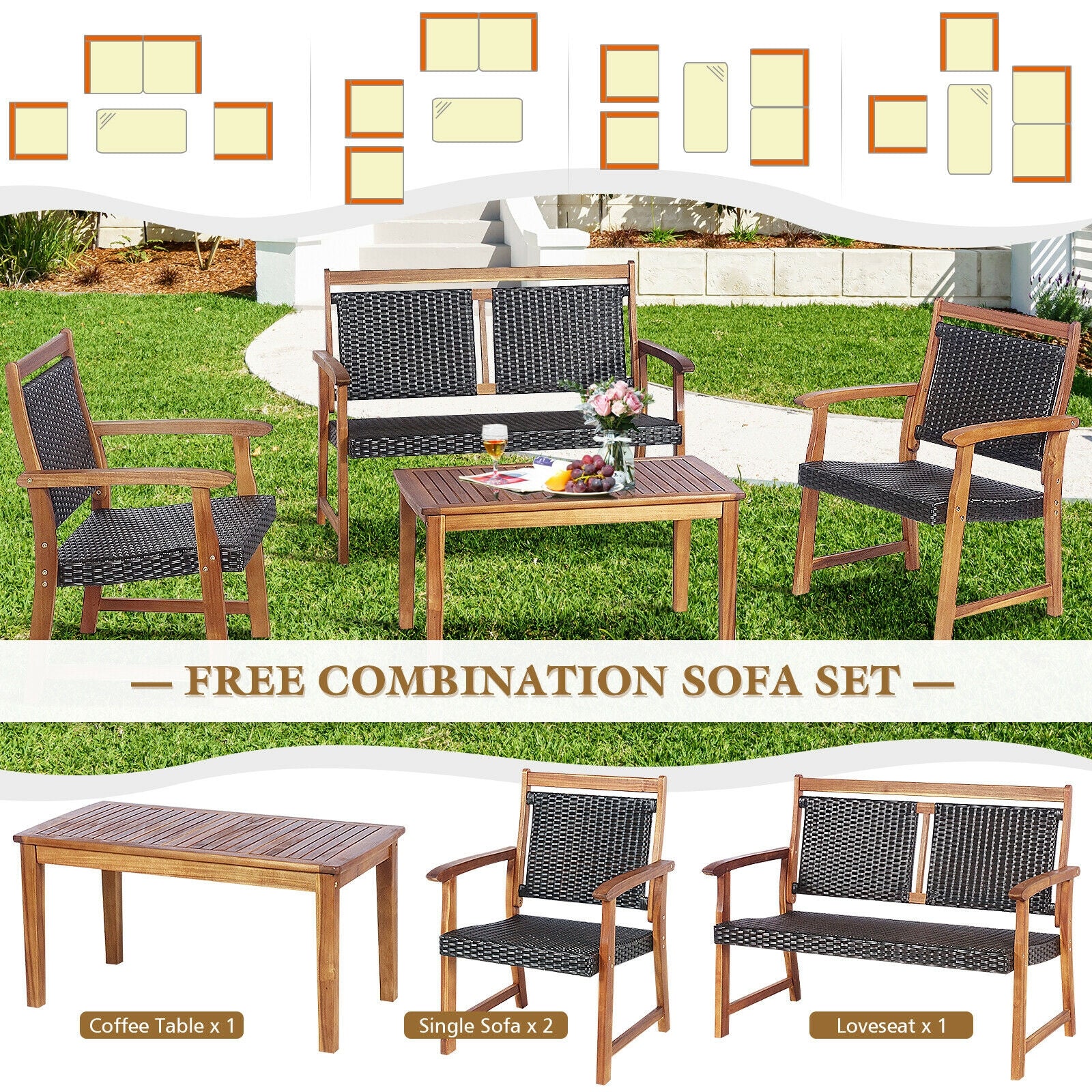 Versatile arrangement of the 4-Piece Acacia Wood Frame Outdoor Rattan Sofa Set by Dream Yard Oasis ™ displayed in a sunny garden, showcasing the coffee table and sofa set perfect for outdoor entertainment.