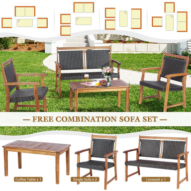 Versatile arrangement of the 4-Piece Acacia Wood Frame Outdoor Rattan Sofa Set by Dream Yard Oasis ™ displayed in a sunny garden, showcasing the coffee table and sofa set perfect for outdoor entertainment.