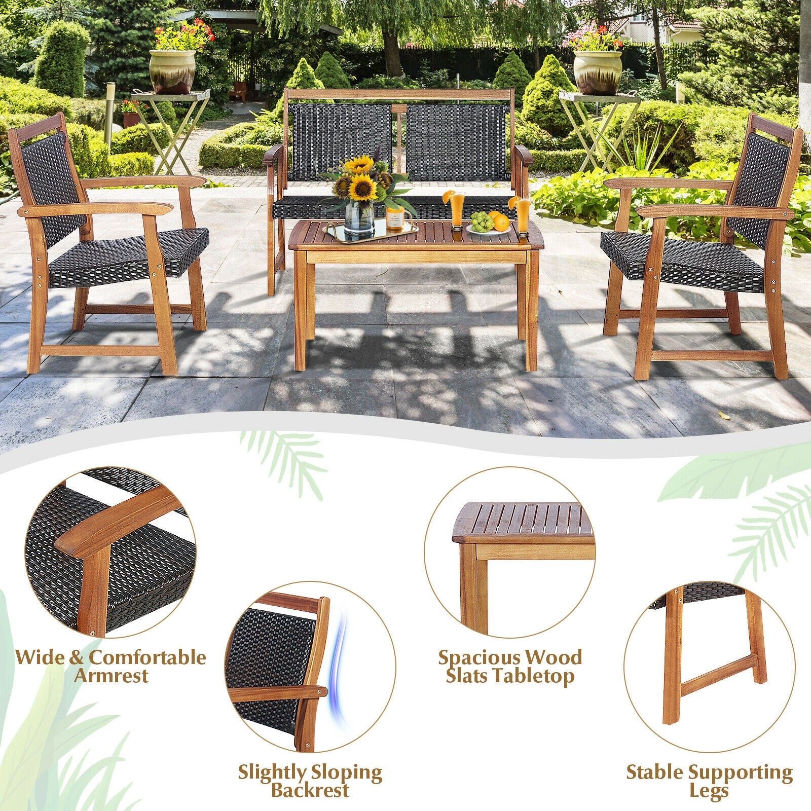 4-Piece Acacia Wood Frame Outdoor Rattan Sofa Set from Dream Yard Oasis ™, showcasing a cozy arrangement on a patio with a decorative setup.