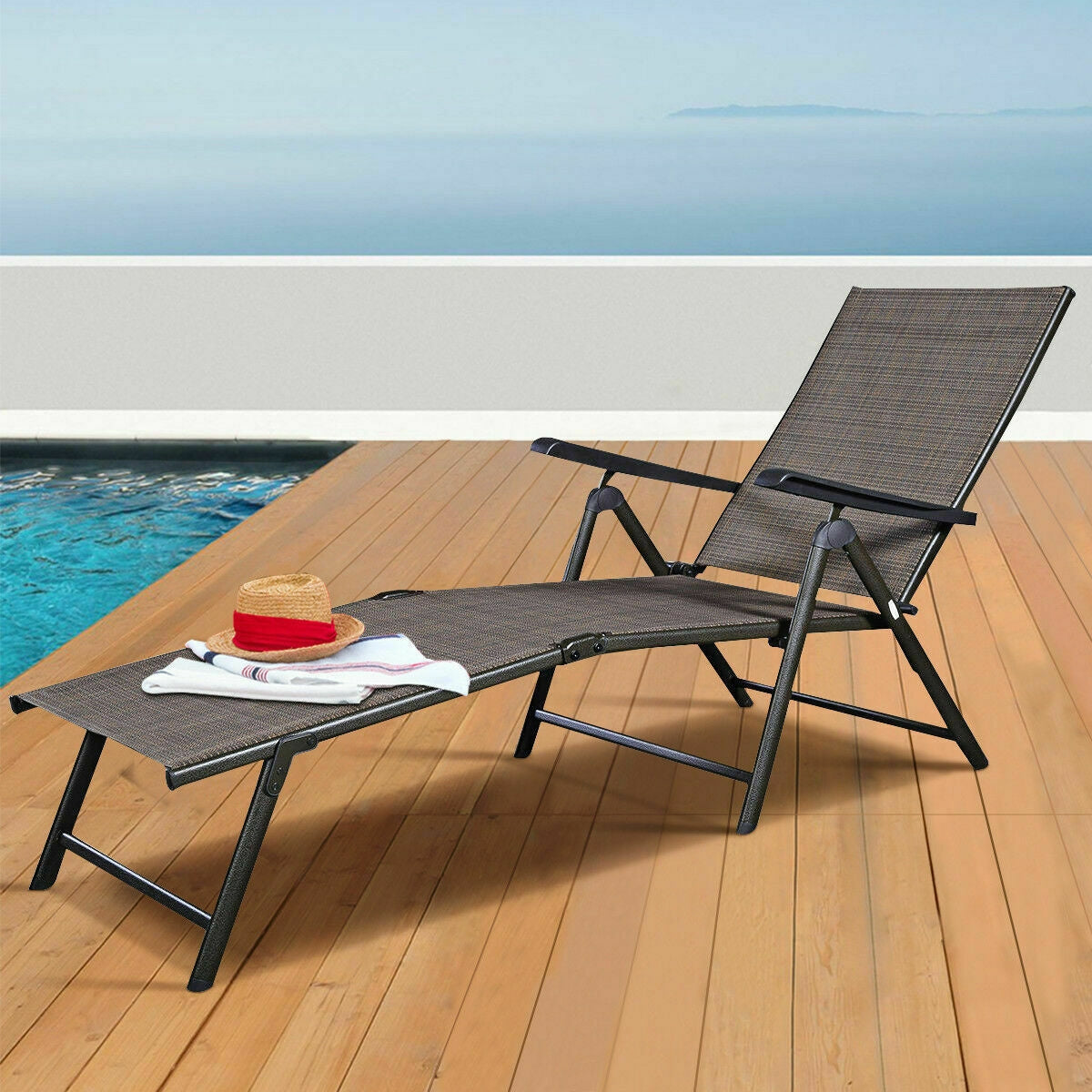 2-Piece Adjustable Outdoor Chaise Lounge Chairs - Weather Resistant Pool Recliners set against a serene poolside view.