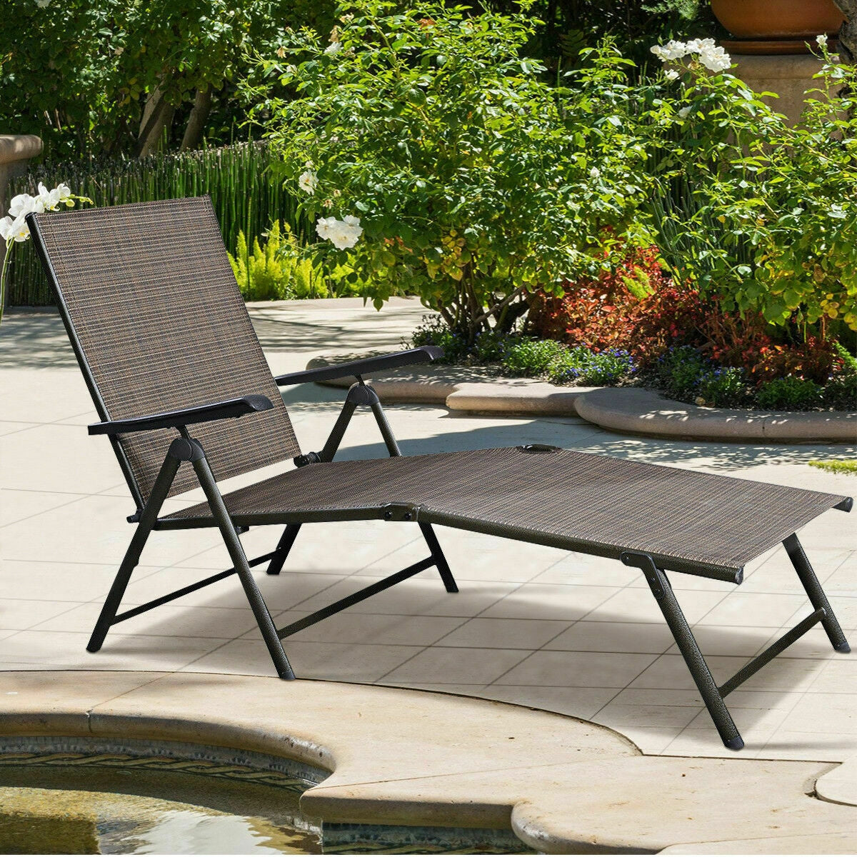 Stylish 2-Piece Adjustable Outdoor Chaise Lounge Chairs - Weather Resistant Pool Recliners situated in a beautiful garden setting.
