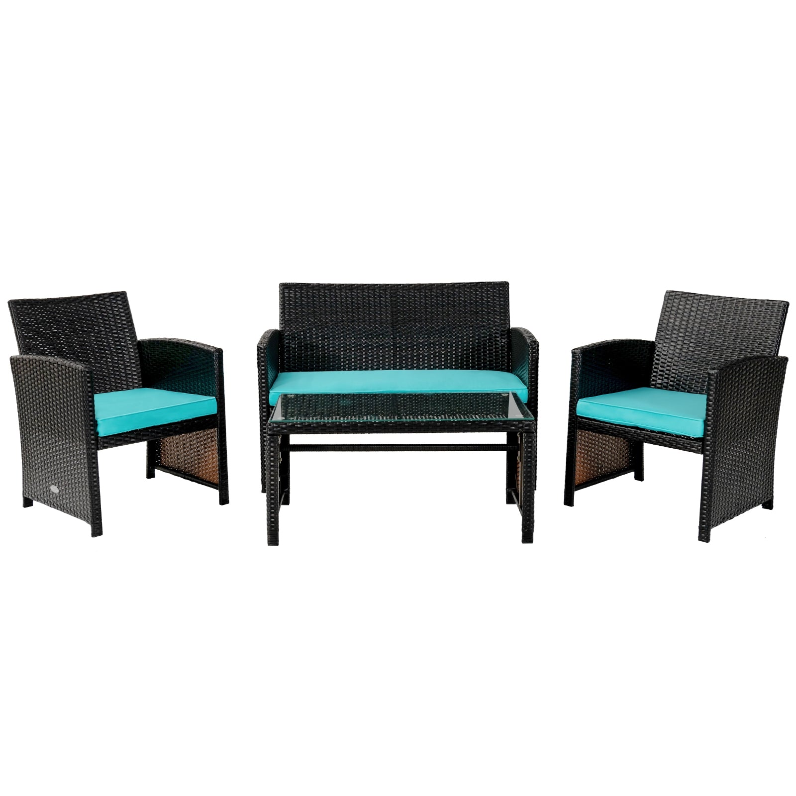 4-Piece Cushioned Patio Rattan Furniture Set in Green featuring a loveseat, two single chairs, and a coffee table, designed for outdoor comfort.