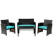 4-Piece Cushioned Patio Rattan Furniture Set in Green featuring a loveseat, two single chairs, and a coffee table, designed for outdoor comfort.