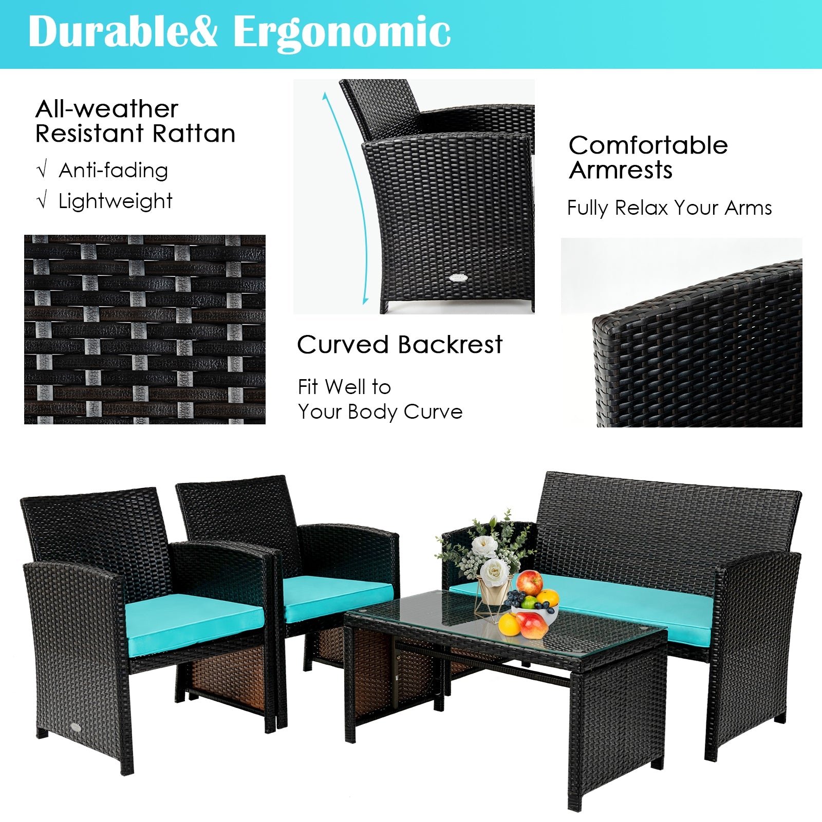 Detailed features of 4-Piece Cushioned Patio Rattan Furniture Set in Green, highlighting durable rattan material, ergonomic design, and comfortable armrests.