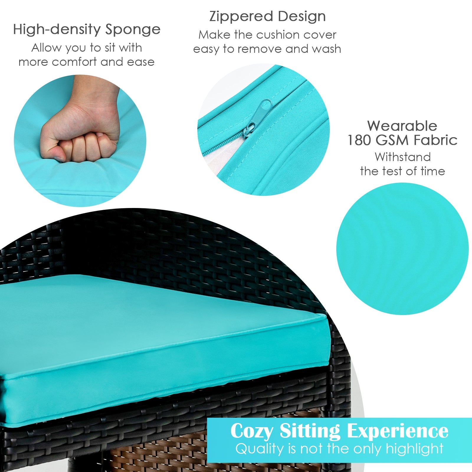 High-density sponge cushion with zipper design for easy cleaning and a cozy sitting experience in the 4-Piece Cushioned Patio Rattan Furniture Set in Green.