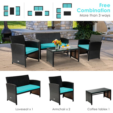 4-Piece Cushioned Patio Rattan Furniture Set in Green showing loveseat, two armchairs, and coffee table in a versatile arrangement on a patio.
