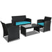 View of the complete 4-Piece Rattan Patio Furniture Set with Weather-Resistant Cushions & Tempered Glass Table - Turquoise against a white background to emphasize its modern design and vibrant color.