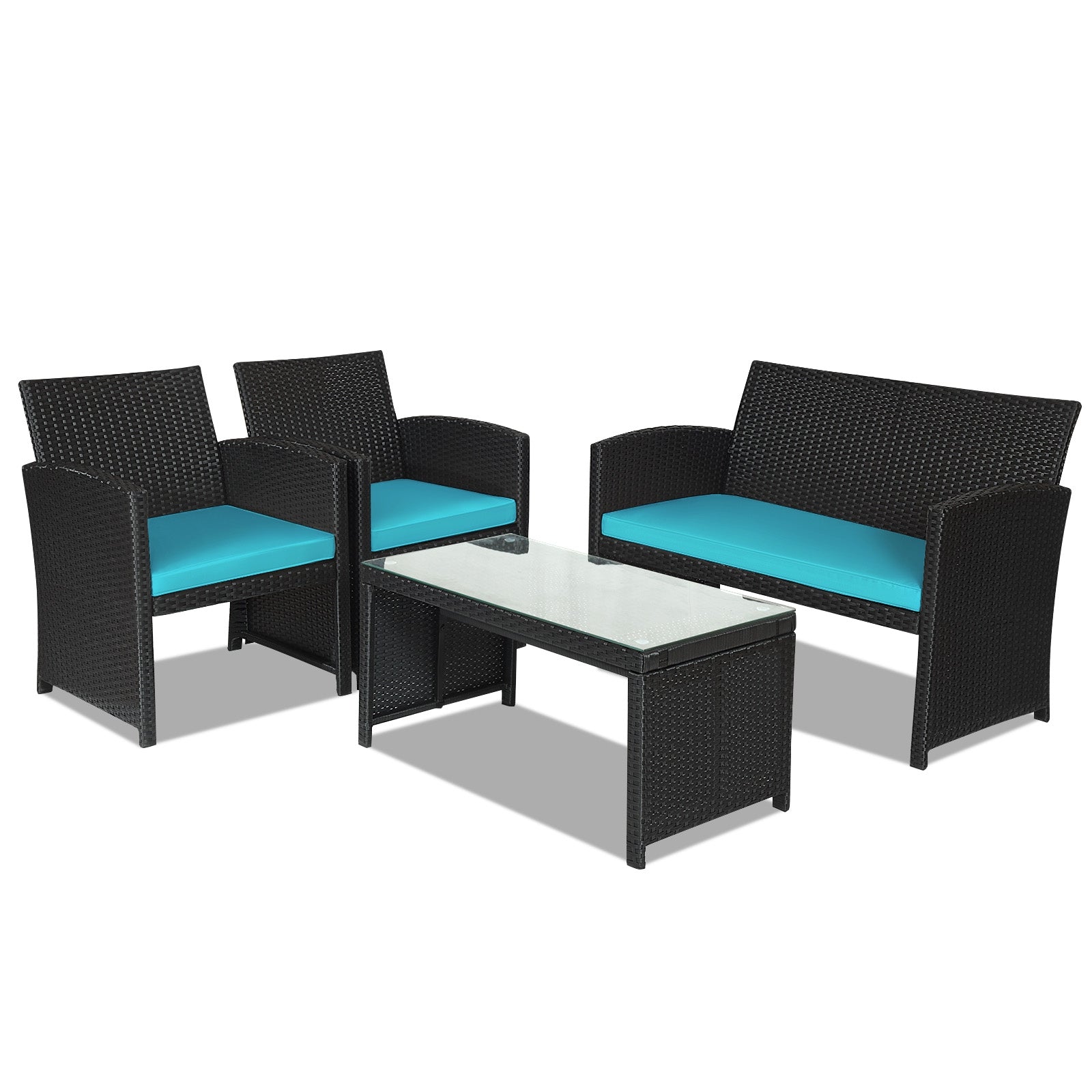 Dream Yard Oasis 4-Piece Rattan Patio Furniture Set with Weather-Resistant Cushions & Tempered Glass Table - Turquoise, showcasing a loveseat and two chairs with a coffee table.