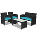 Dream Yard Oasis 4-Piece Rattan Patio Furniture Set with Weather-Resistant Cushions & Tempered Glass Table - Turquoise, showcasing a loveseat and two chairs with a coffee table.