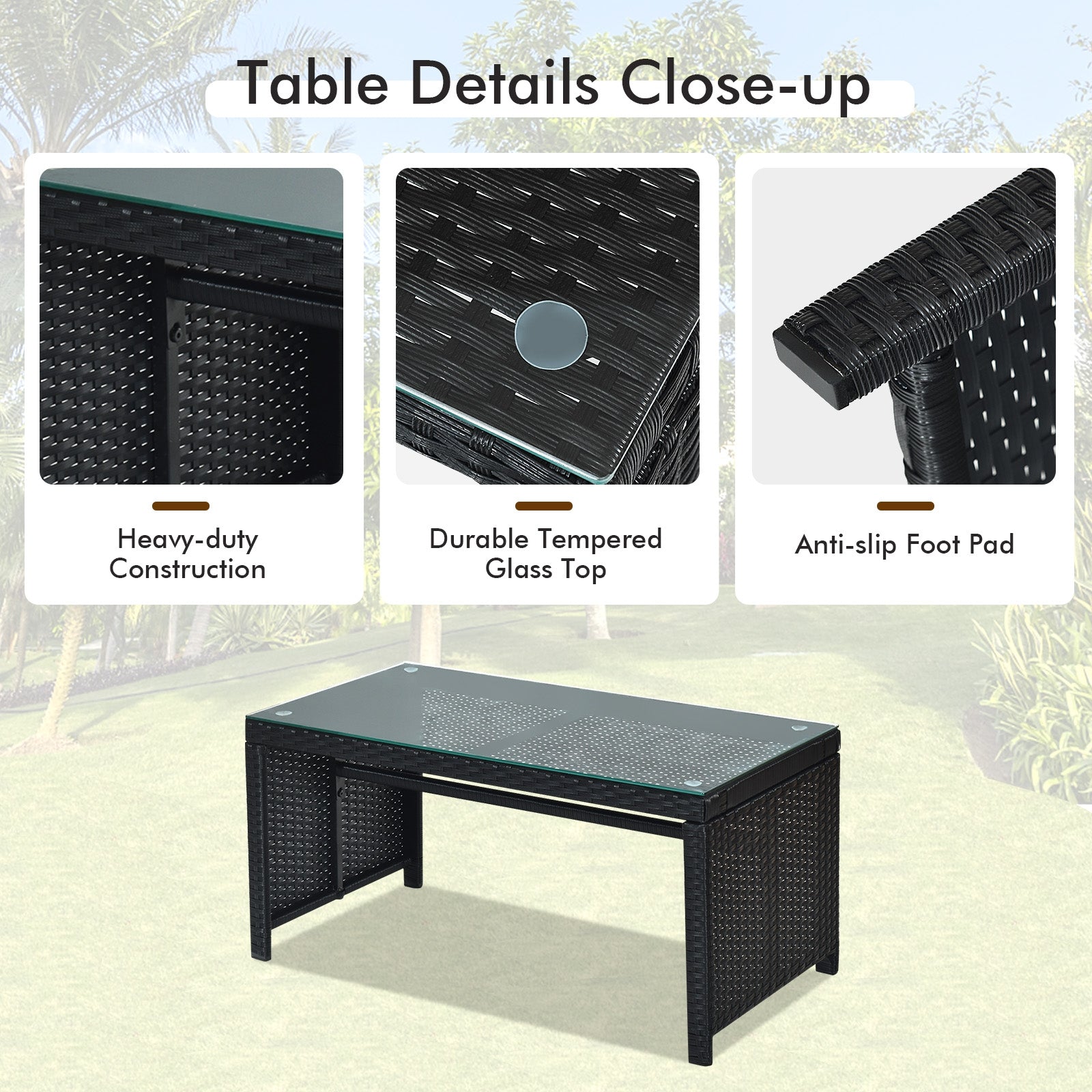 Close-up of the heavy-duty construction and tempered glass top of the coffee table in the Dream Yard Oasis 4-Piece Rattan Patio Furniture Set with Weather-Resistant Cushions & Tempered Glass Table - Turquoise.