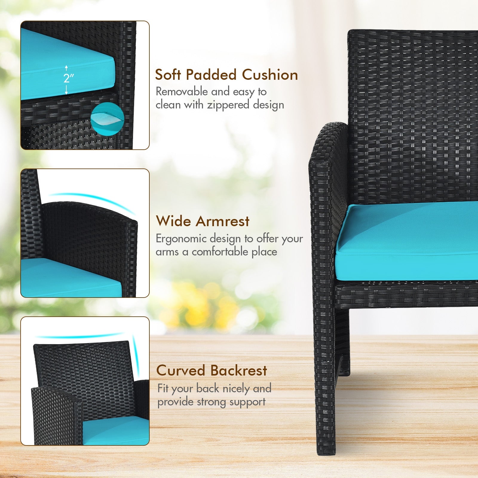 Close-up of the soft padded cushion and ergonomic design of the wide armrest and curved backrest in the Dream Yard Oasis 4-Piece Rattan Patio Furniture Set with Weather-Resistant Cushions & Tempered Glass Table - Turquoise.