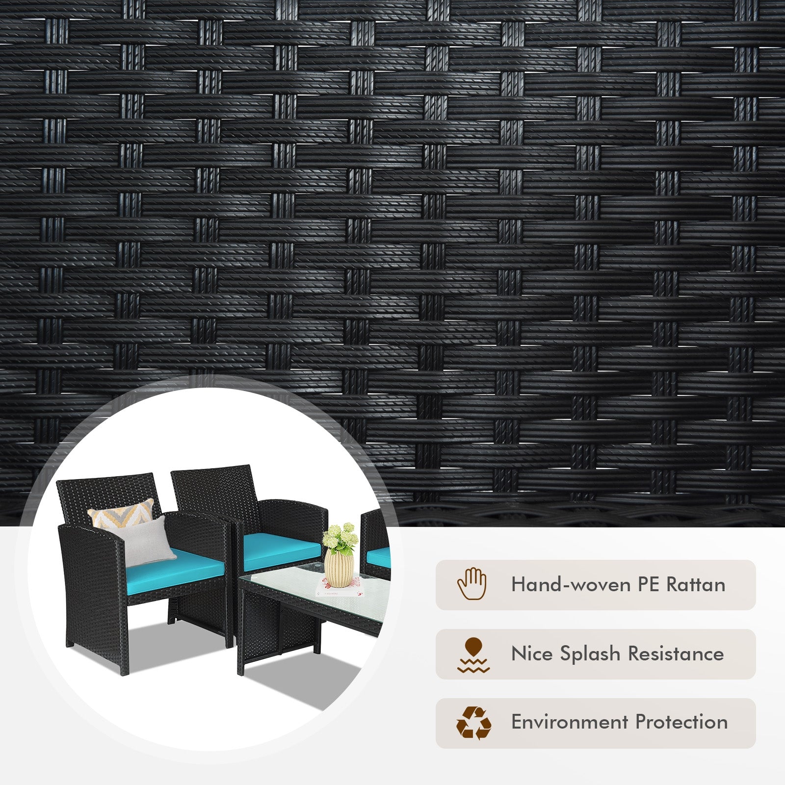 Close-up of the hand-woven PE rattan material of the 4-Piece Rattan Patio Furniture Set with Weather-Resistant Cushions & Tempered Glass Table - Turquoise, highlighting its durability and splash resistance.