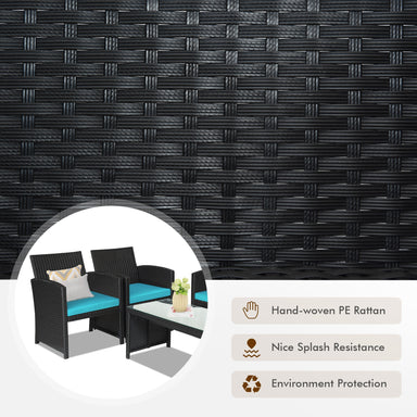 Close-up of the hand-woven PE rattan material of the 4-Piece Rattan Patio Furniture Set with Weather-Resistant Cushions & Tempered Glass Table - Turquoise, highlighting its durability and splash resistance.