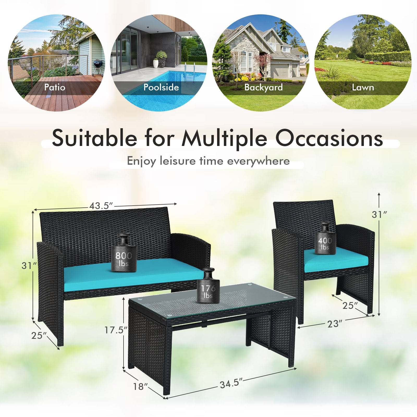Infographic of the 4-Piece Rattan Patio Furniture Set with Weather-Resistant Cushions & Tempered Glass Table - Turquoise, detailing the set's dimensions and suitability for various outdoor occasions like patio, poolside, and backyard.