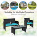 Infographic of the 4-Piece Rattan Patio Furniture Set with Weather-Resistant Cushions & Tempered Glass Table - Turquoise, detailing the set's dimensions and suitability for various outdoor occasions like patio, poolside, and backyard.