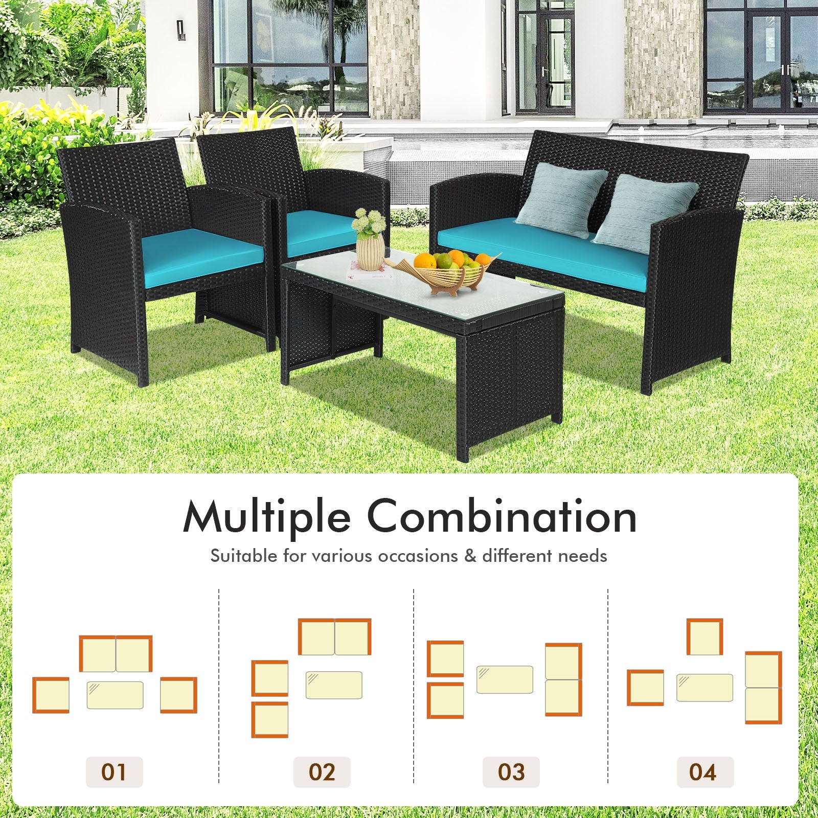 Various combinations of the Dream Yard Oasis 4-Piece Rattan Patio Furniture Set with Weather-Resistant Cushions & Tempered Glass Table - Turquoise, suitable for different outdoor settings.