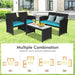 Various combinations of the Dream Yard Oasis 4-Piece Rattan Patio Furniture Set with Weather-Resistant Cushions & Tempered Glass Table - Turquoise, suitable for different outdoor settings.