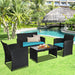 4-Piece Rattan Patio Furniture Set with Weather-Resistant Cushions & Tempered Glass Table - Turquoise placed in a beautiful outdoor setting by a pool, showcasing a cozy loveseat and two stylish chairs.