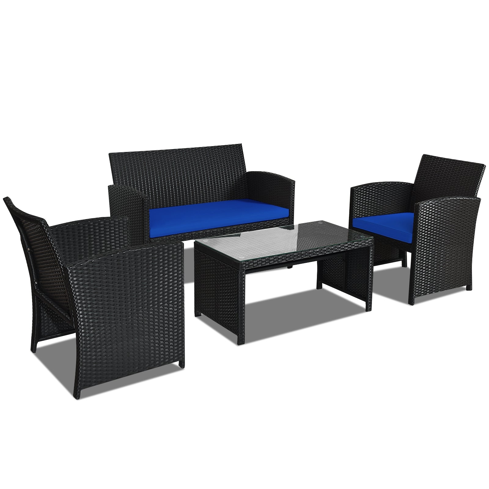 Complete view of the 4-Piece Navy Rattan Patio Furniture Set with Weather-Resistant Cushions & Tempered Glass Table, including a loveseat, two armchairs, and a coffee table, all against a plain background for clear visibility.
