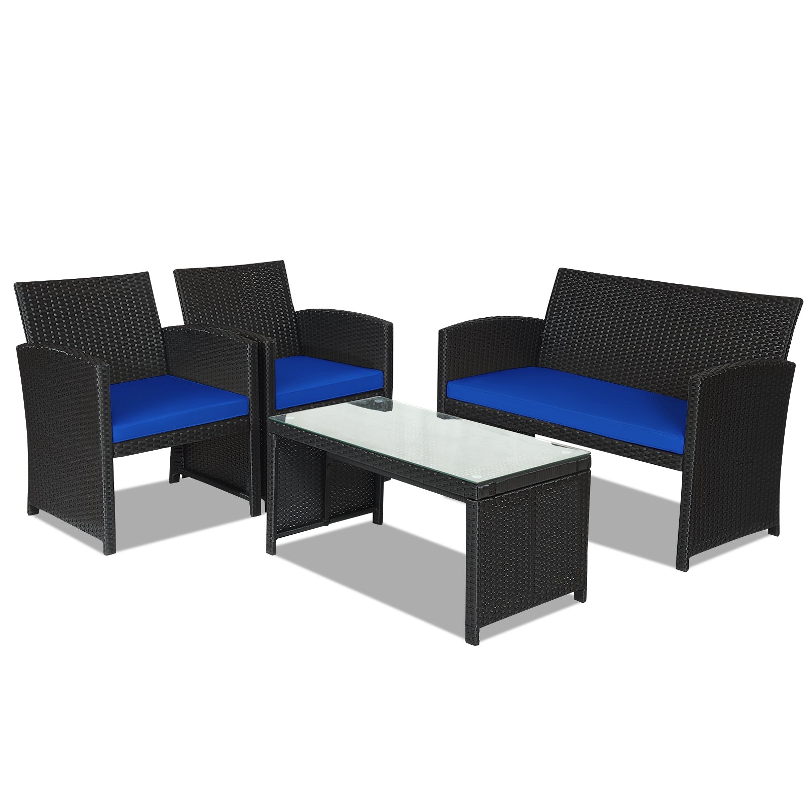 Full view of the 4-Piece Navy Rattan Patio Furniture Set with Weather-Resistant Cushions & Tempered Glass Table featuring two armchairs and a loveseat for a stylish outdoor seating arrangement.