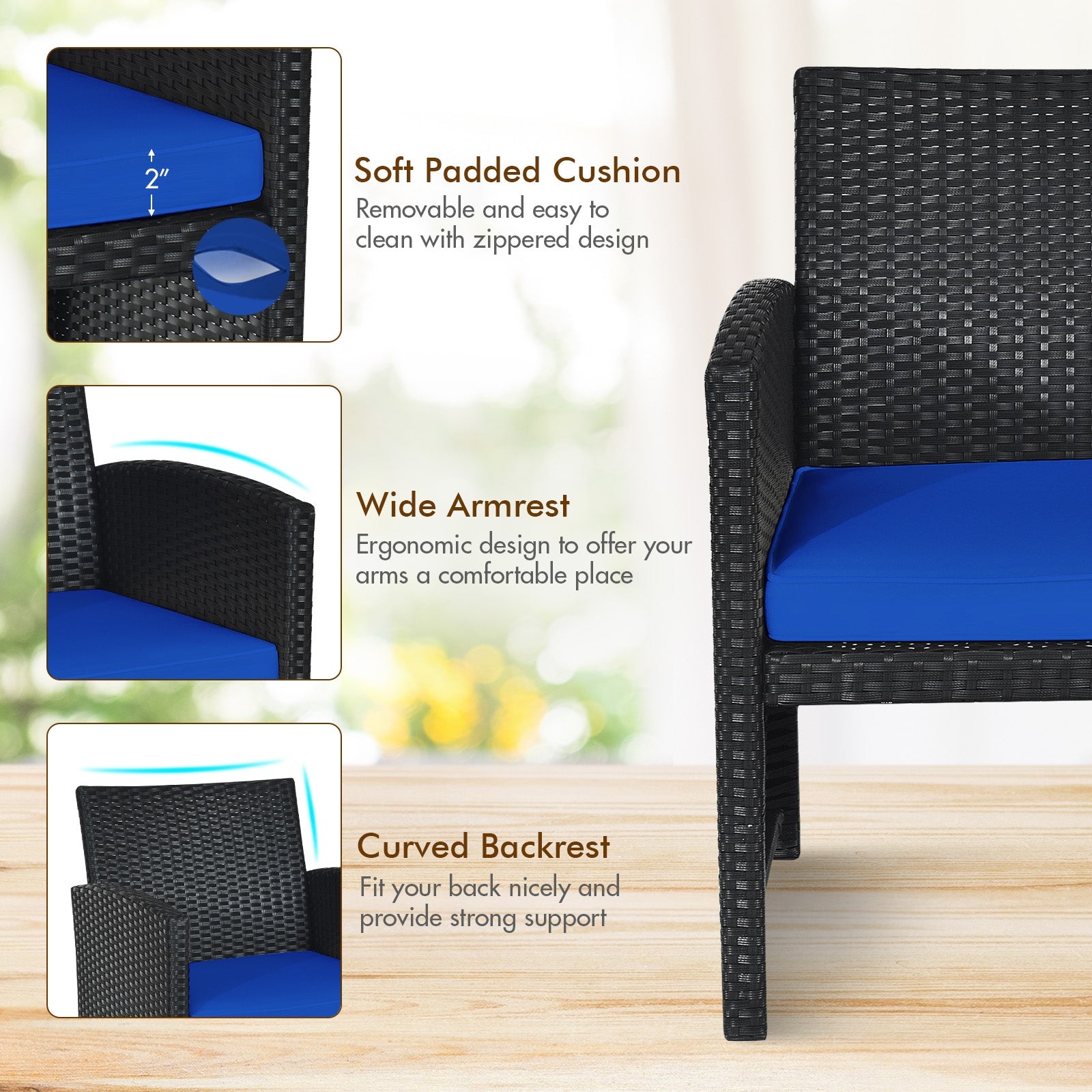 Close-up of a navy rattan patio chair from the 4-Piece Navy Rattan Patio Furniture Set showcasing a soft padded cushion, wide armrests, and curved backrest for enhanced comfort and support. Weather-resistant design and stylish look perfect for outdoor spaces.
