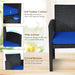 Close-up of a navy rattan patio chair from the 4-Piece Navy Rattan Patio Furniture Set showcasing a soft padded cushion, wide armrests, and curved backrest for enhanced comfort and support. Weather-resistant design and stylish look perfect for outdoor spaces.
