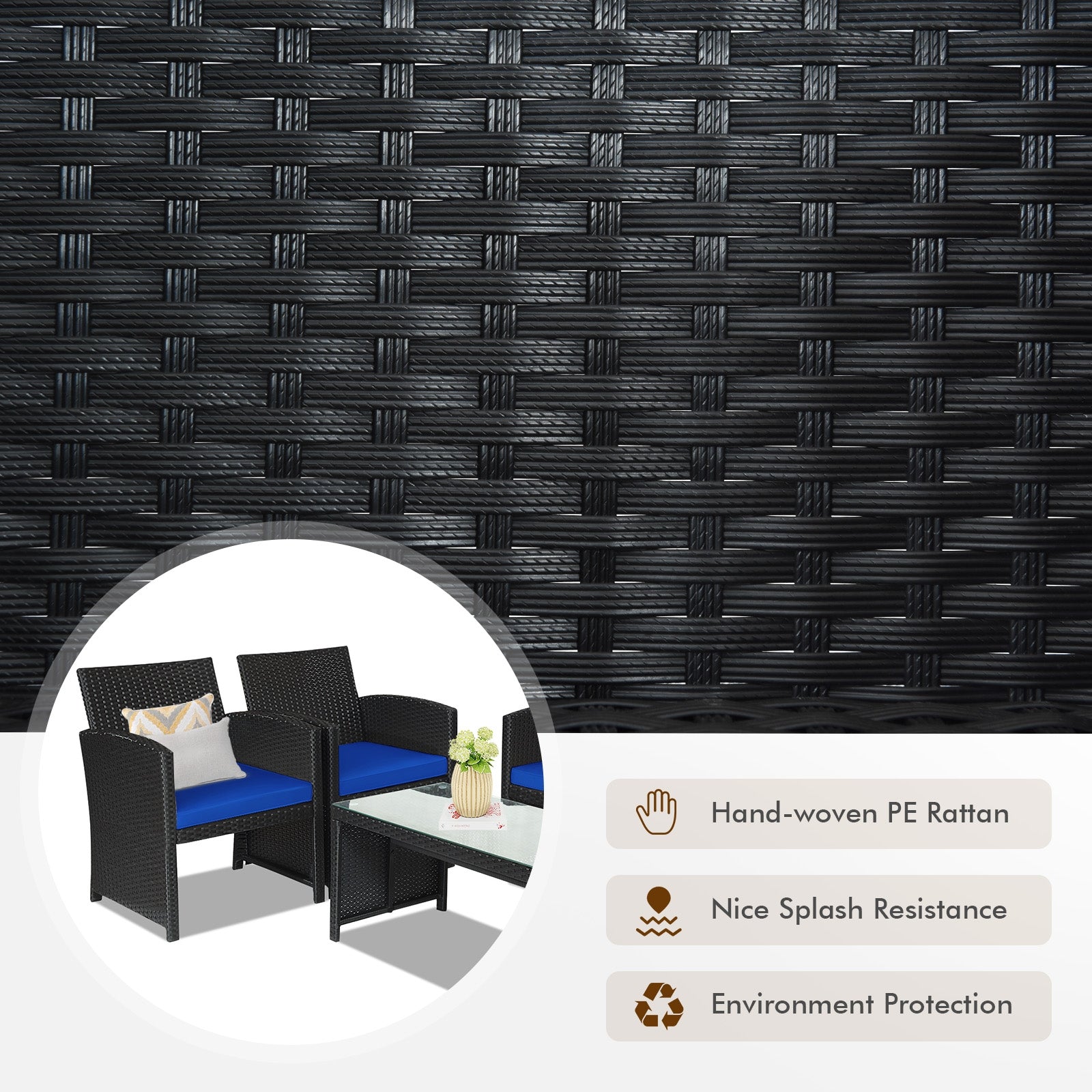 Close-up of the hand-woven PE rattan material used in the 4-Piece Navy Rattan Patio Furniture Set, showcasing its texture and splash resistance along with a stylish navy cushion.