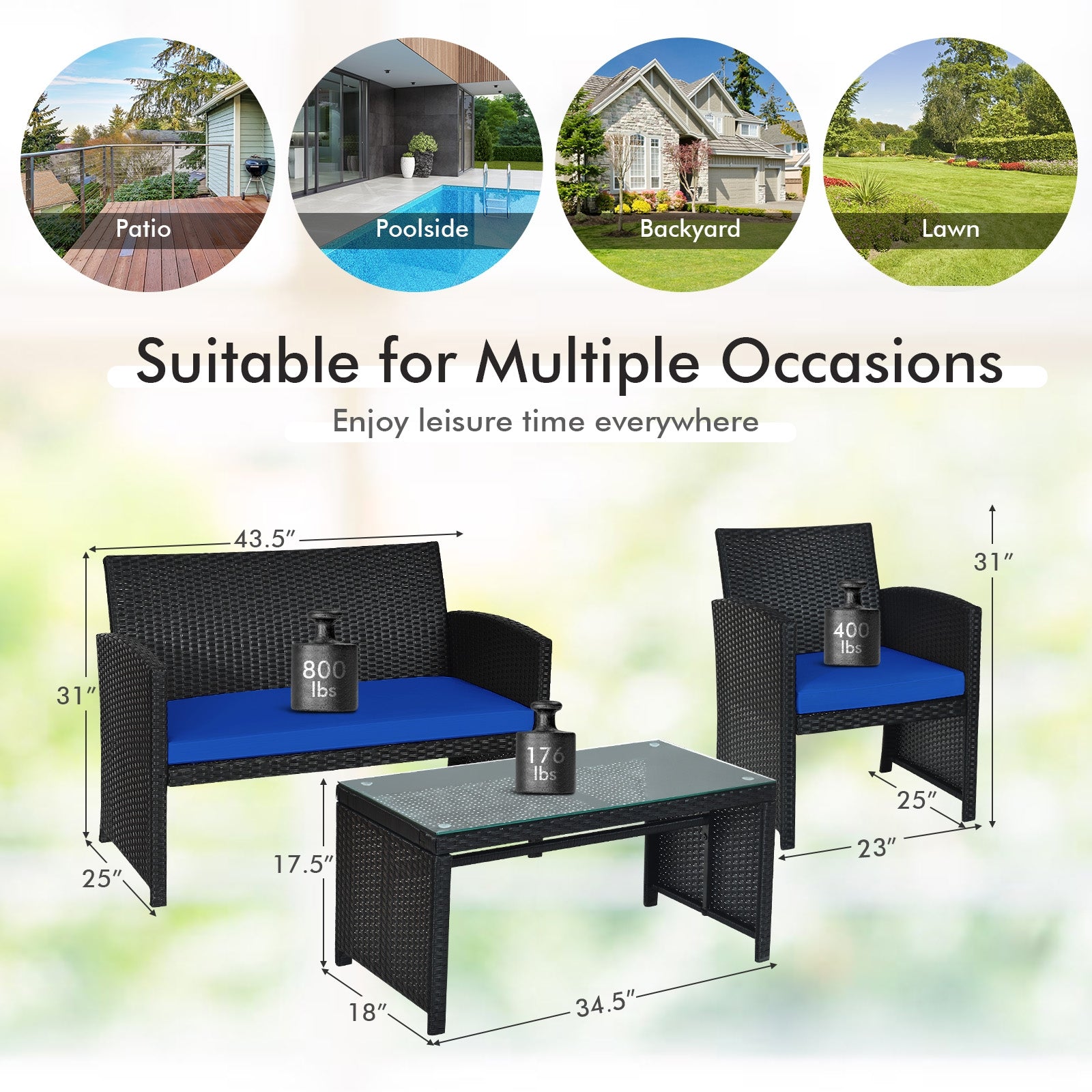 4-Piece Navy Rattan Patio Furniture Set with Weather-Resistant Cushions & Tempered Glass Table, showing dimensions and suitable for multiple outdoor occasions like patio, poolside, backyard, and lawn.