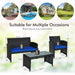 4-Piece Navy Rattan Patio Furniture Set with Weather-Resistant Cushions & Tempered Glass Table, showing dimensions and suitable for multiple outdoor occasions like patio, poolside, backyard, and lawn.