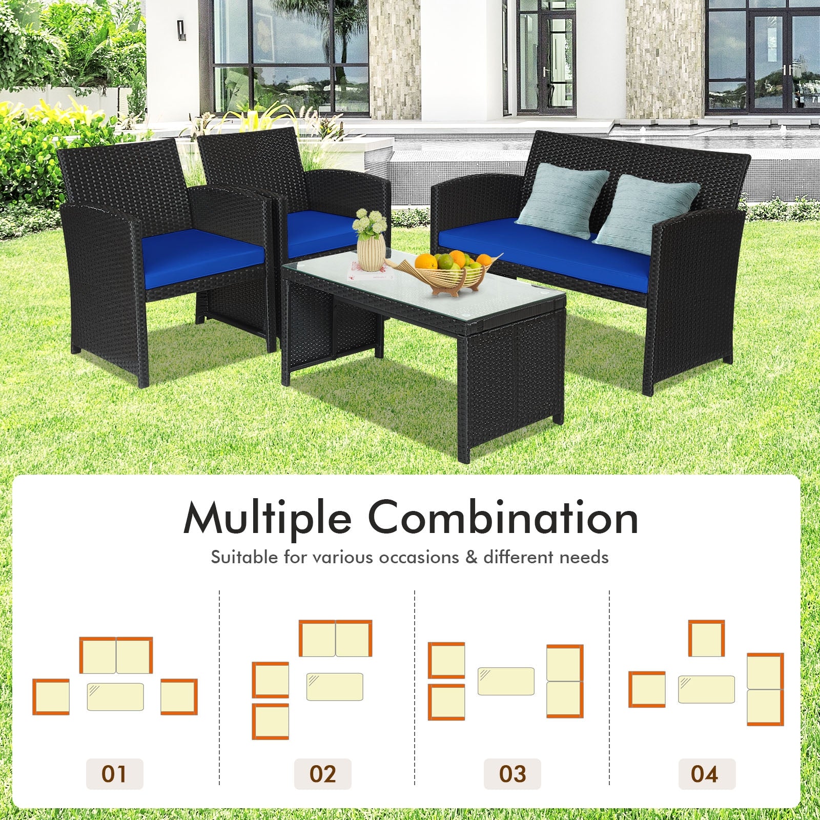 Various arrangements of the 4-Piece Navy Rattan Patio Furniture Set with Weather-Resistant Cushions & Tempered Glass Table, demonstrating multiple configuration options for different occasions and needs.