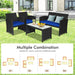 Various arrangements of the 4-Piece Navy Rattan Patio Furniture Set with Weather-Resistant Cushions & Tempered Glass Table, demonstrating multiple configuration options for different occasions and needs.