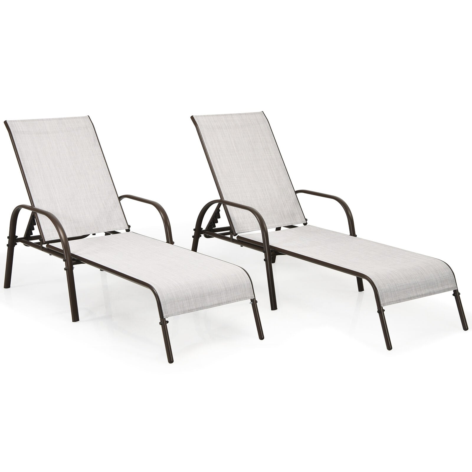 Stylish 2-Piece Gray Outdoor Patio Lounge Chairs with Adjustable Reclining Armrests, displayed against a clean white background to highlight their ergonomic design.