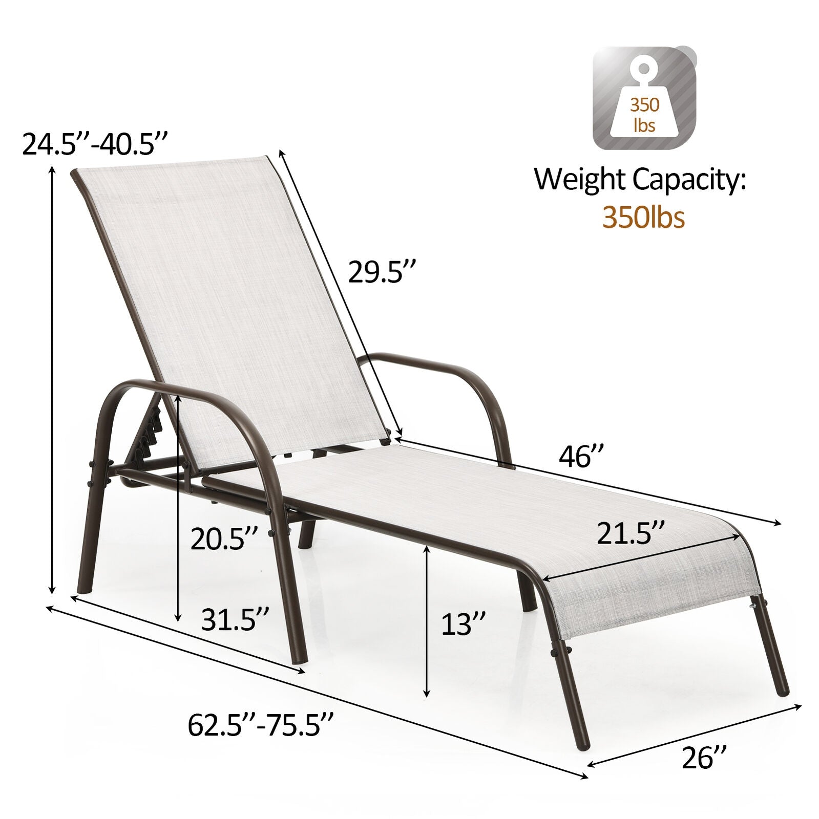 Detailed dimensions of the 2-Piece Gray Outdoor Patio Lounge Chairs with Adjustable Reclining Armrests, showcasing weight capacity and seat measurements for perfect comfort.