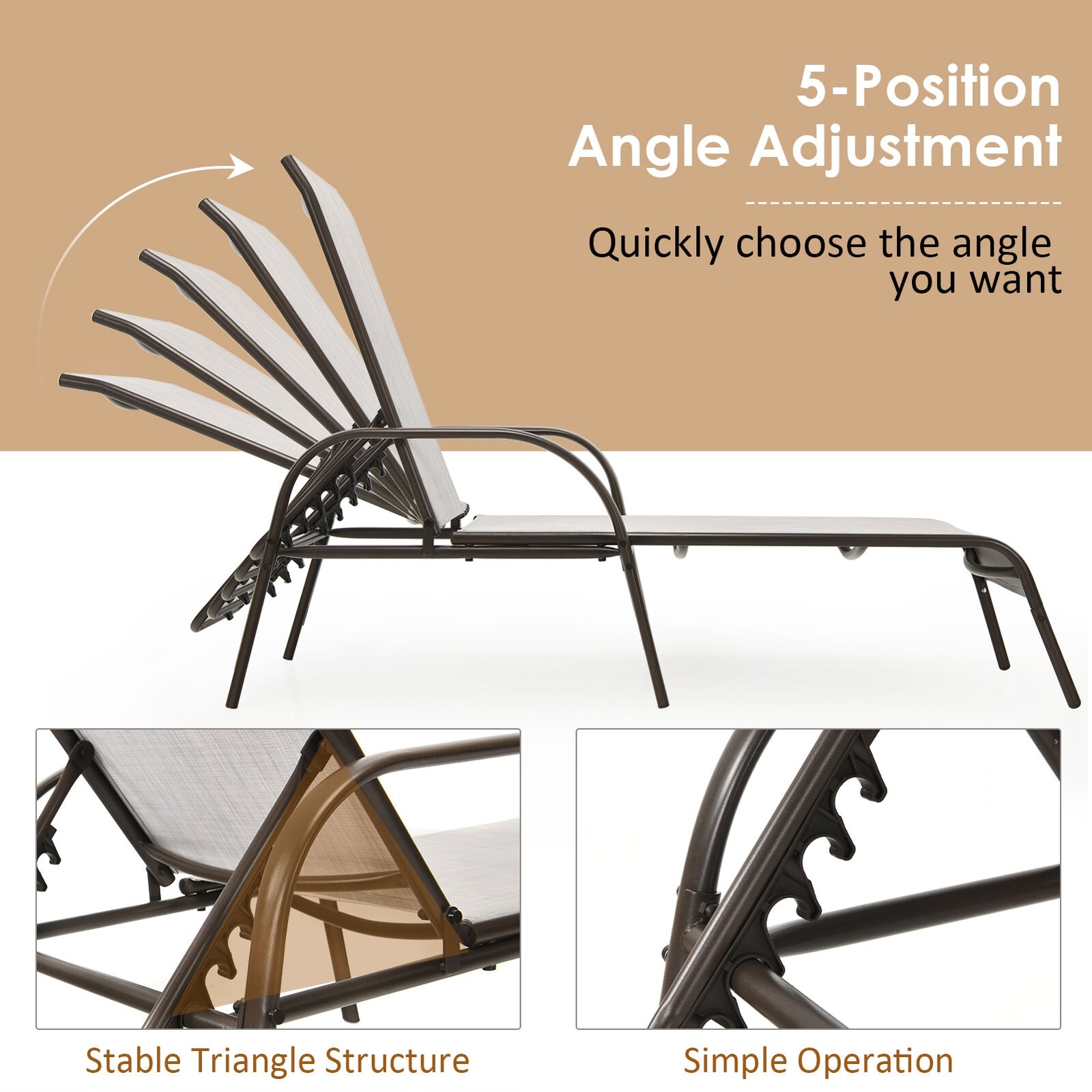 Side profile of the 2-Piece Gray Outdoor Patio Lounge Chairs with Adjustable Reclining Armrests for Ultimate Comfort demonstrating 5-position angle adjustment feature.