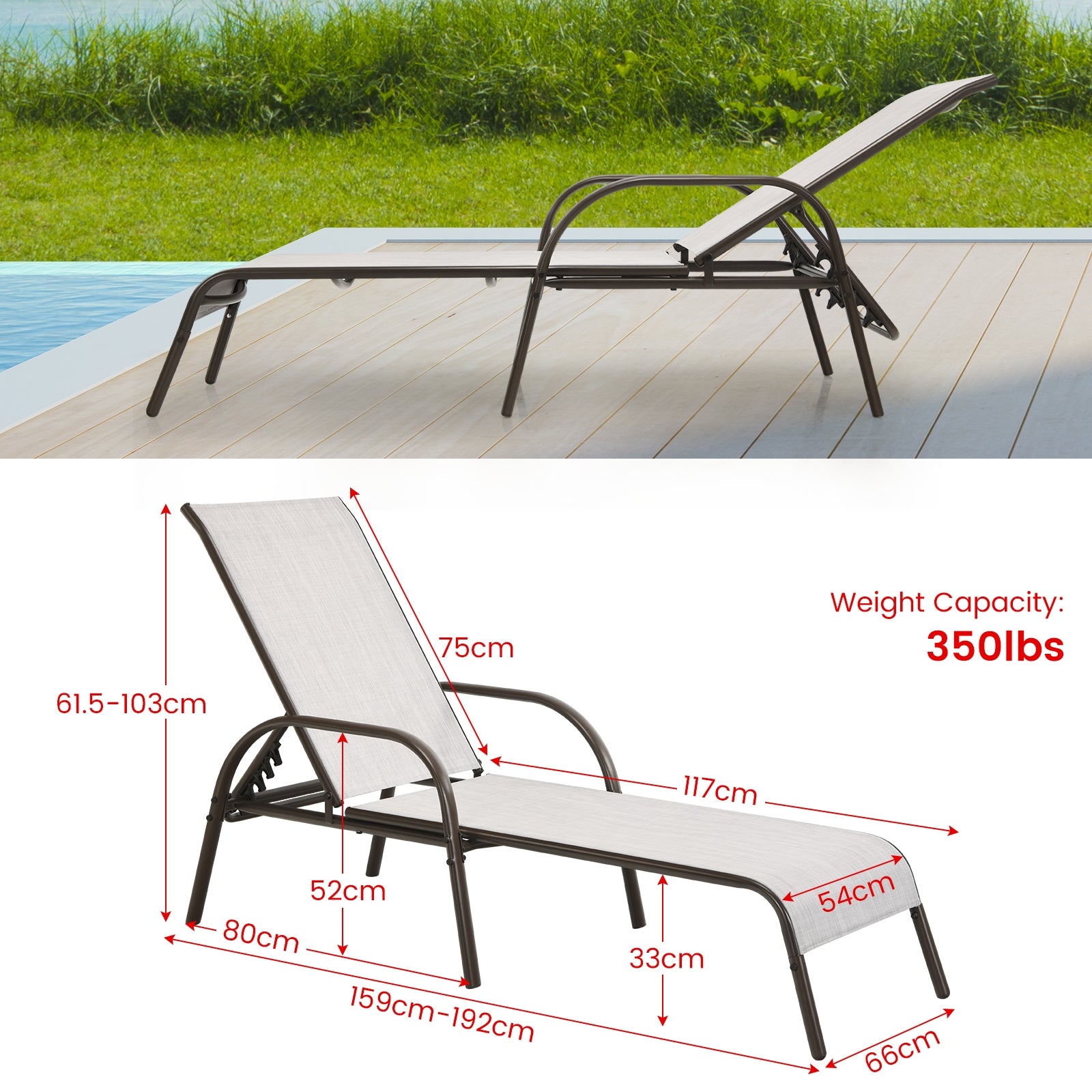 Adjustable Chaise Lounge Chair for Patio displaying its dimensions and weight capacity of 350 lbs, suitable for any outdoor lounging need.