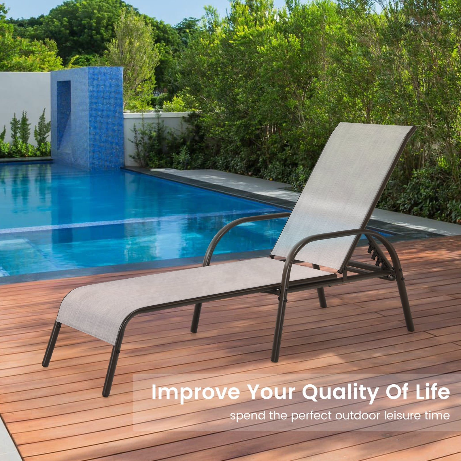 Adjustable Chaise Lounge Chair for Patio by Dream Yard Oasis™, perfect for outdoor relaxation by the pool, featuring a stylish gray design and adjustable positions.